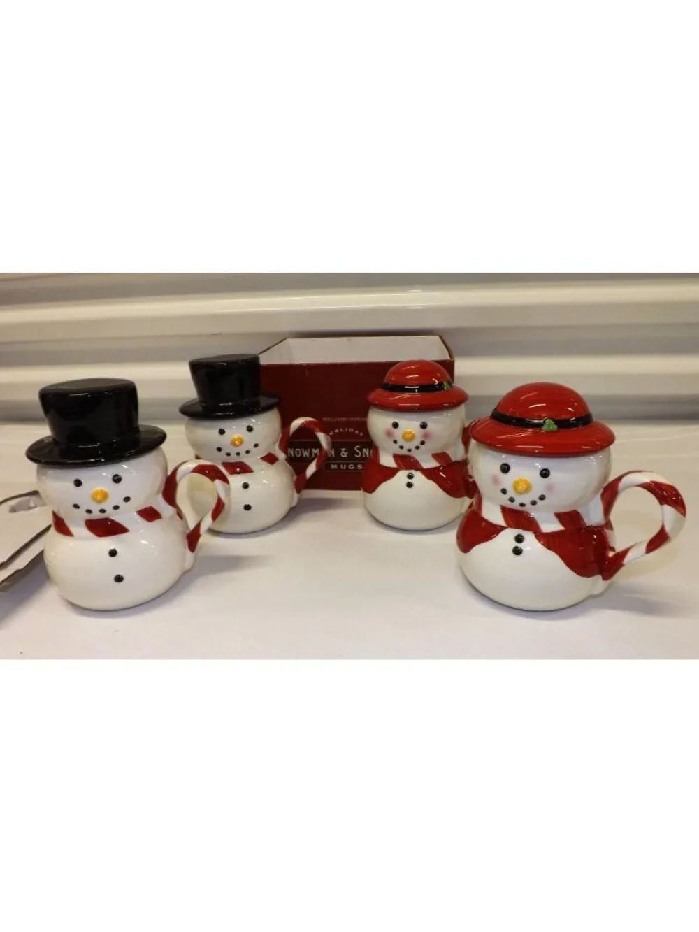 Williams Sonoma Snowman Mugs w Hats Set Of 4 Holiday Christmas Hot Chocolate Mmm